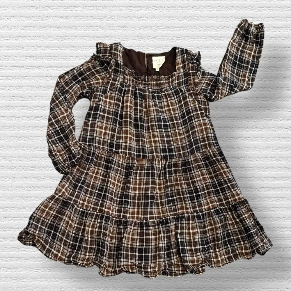 Hayden Girl Med Brown Plaid Smocked Long Sleeve Dress